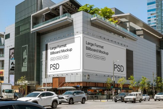 Urban billboard mockup PSD on building facade for outdoor advertising design presentation, editable layers, clear sky, vehicles.