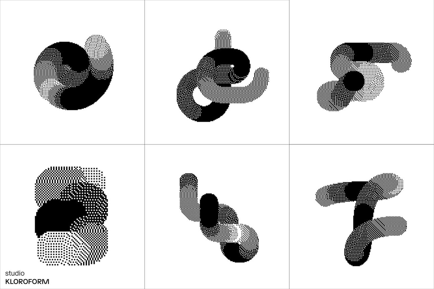 Six abstract halftone design elements with dynamic shapes, ideal for graphics, mockups, and modern design projects by studio KLOROFORM.