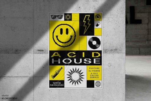 Graphic poster mockup in urban setting with bold Acid House design, iconic smiley, and retro typography, dynamic for music event promotion.