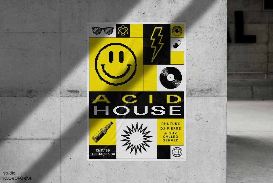 Graphic poster mockup in urban setting with bold Acid House design, iconic smiley, and retro typography, dynamic for music event promotion.