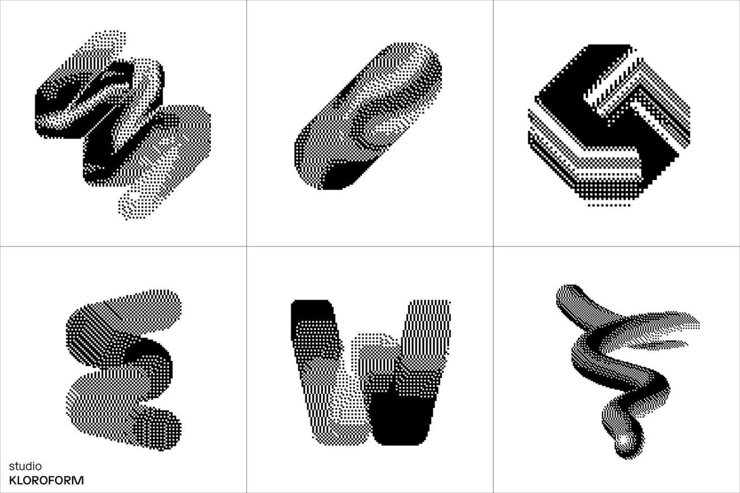 Six abstract 3D halftone design elements, ideal for graphics category, featuring dynamic shapes and patterns, versatile for modern design projects.