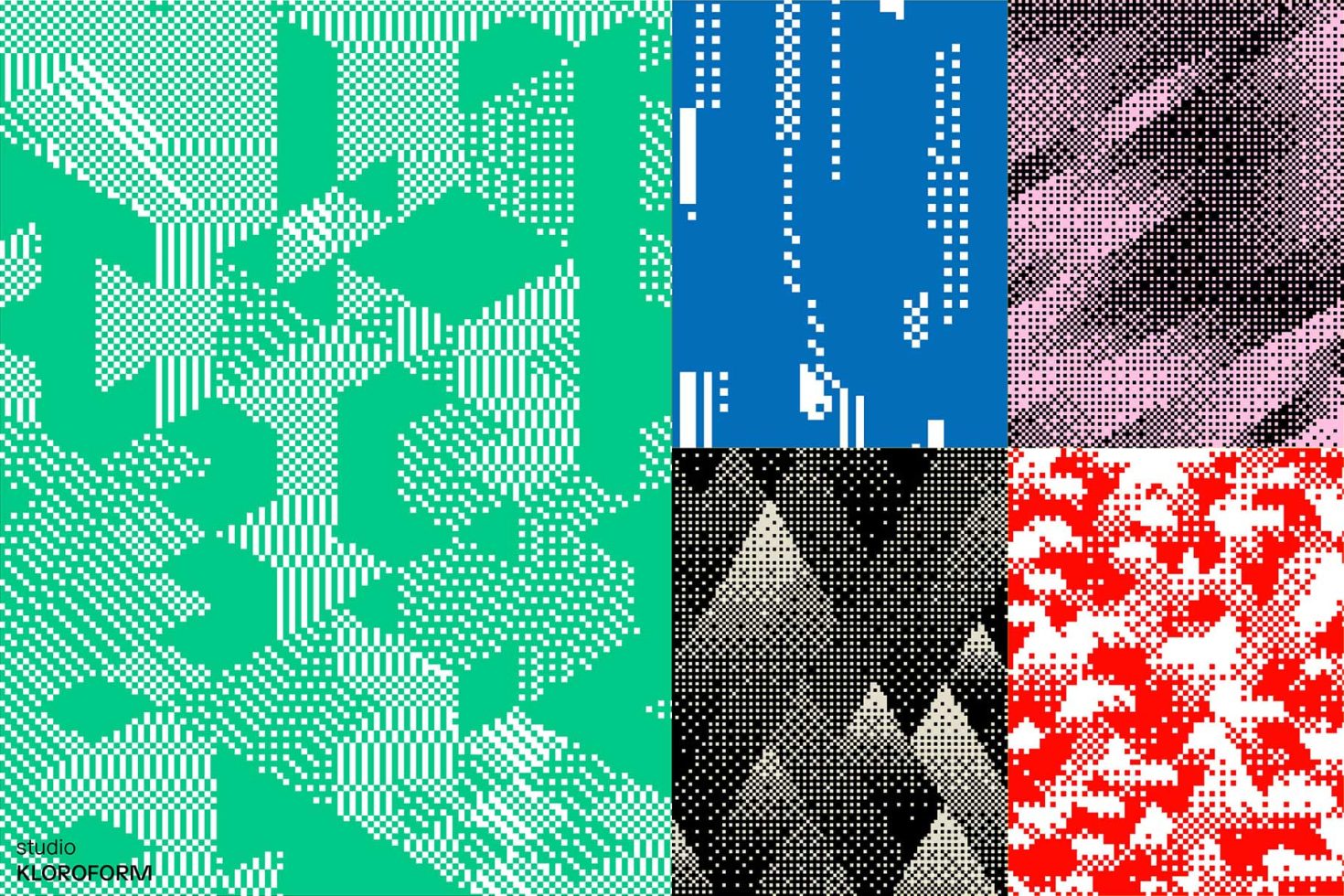 Abstract halftone patterns in green, blue, pink, black, and red for graphic design assets. Pixelated textures suitable for mockups and backgrounds.