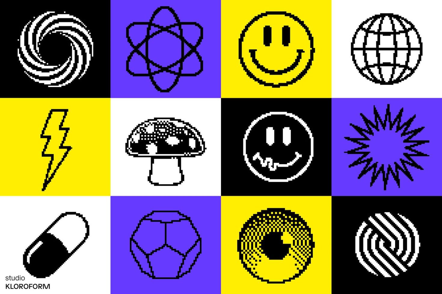 Retro-styled 8-bit icons set featuring symbols like smiley, lightning bolt, globe, pixel-art graphics perfect for web design, game designers, and mockups.