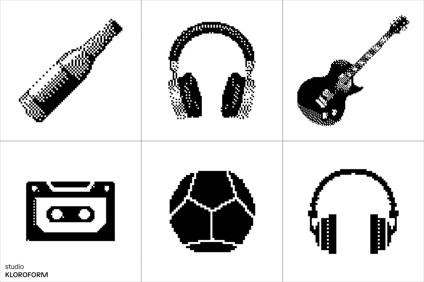 Pixel art icons with a vintage music theme featuring a bottle, headphones, electric guitar, cassette tape, soccer ball, and headset for graphic design.