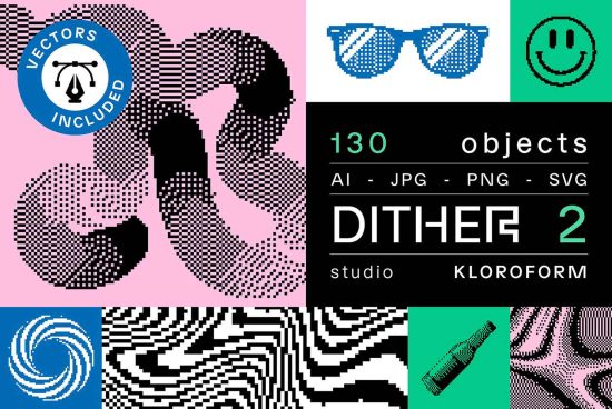 Digital dither pattern graphics pack with 130 vector elements in AI, JPG, PNG, SVG formats for creative design projects by Kloroform studio.