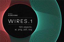 Graphic design wireframe vectors from studio Kloroform, collection WIRES.1 featuring 120 objects in ai, png, pdf, svg formats for design assets.