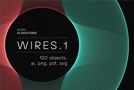Graphic design wireframe vectors from studio Kloroform, collection WIRES.1 featuring 120 objects in ai, png, pdf, svg formats for design assets.