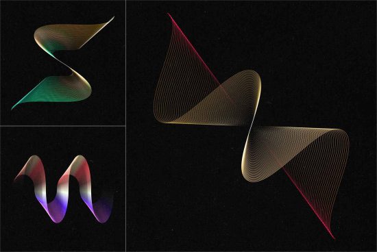 Abstract colorful line art graphics in 4 variations on dark background, high-quality digital asset for modern design projects.