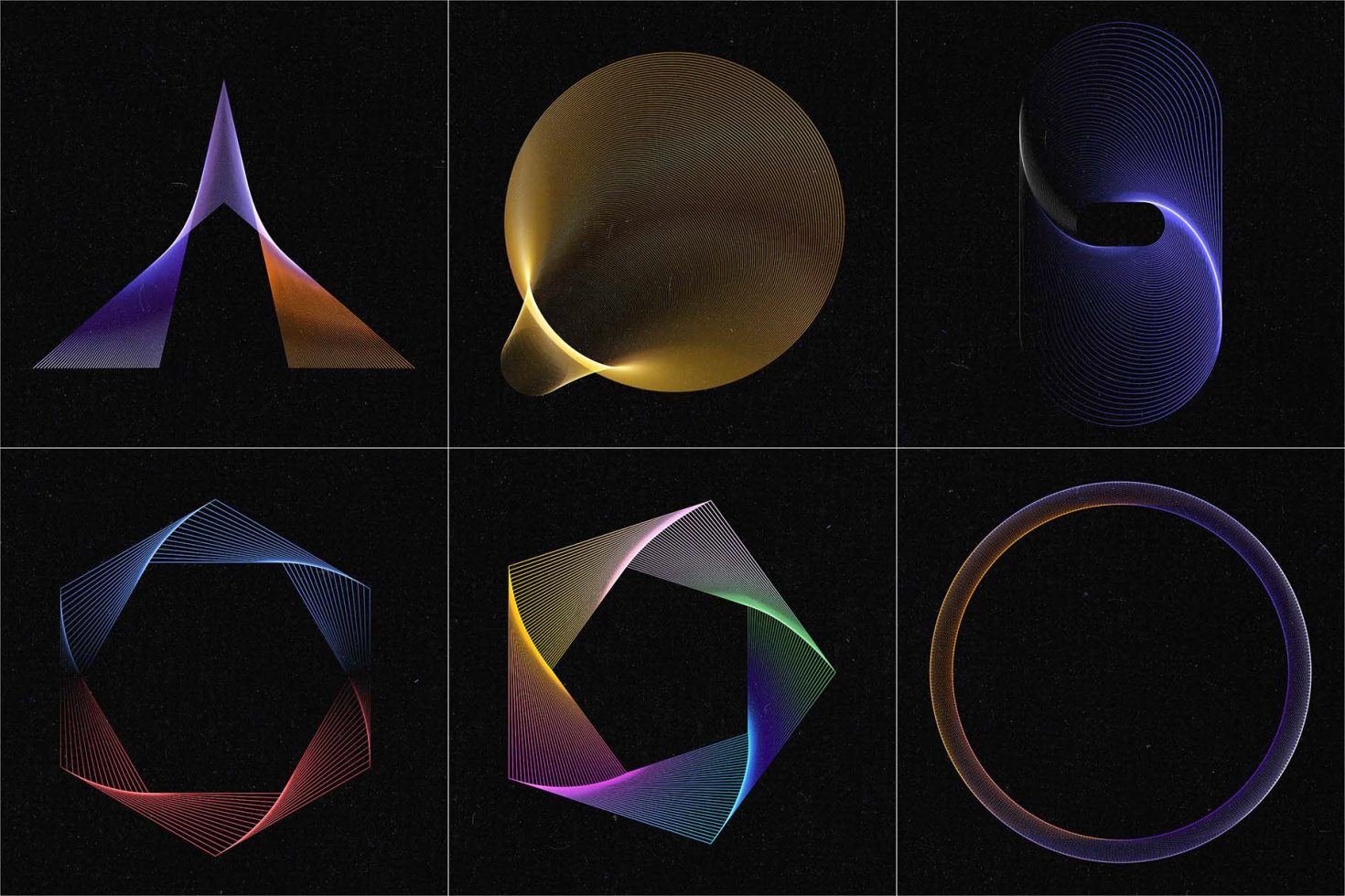 Collection of six abstract digital shapes on a dark background, suitable for graphic design assets, modern digital art for creative templates.