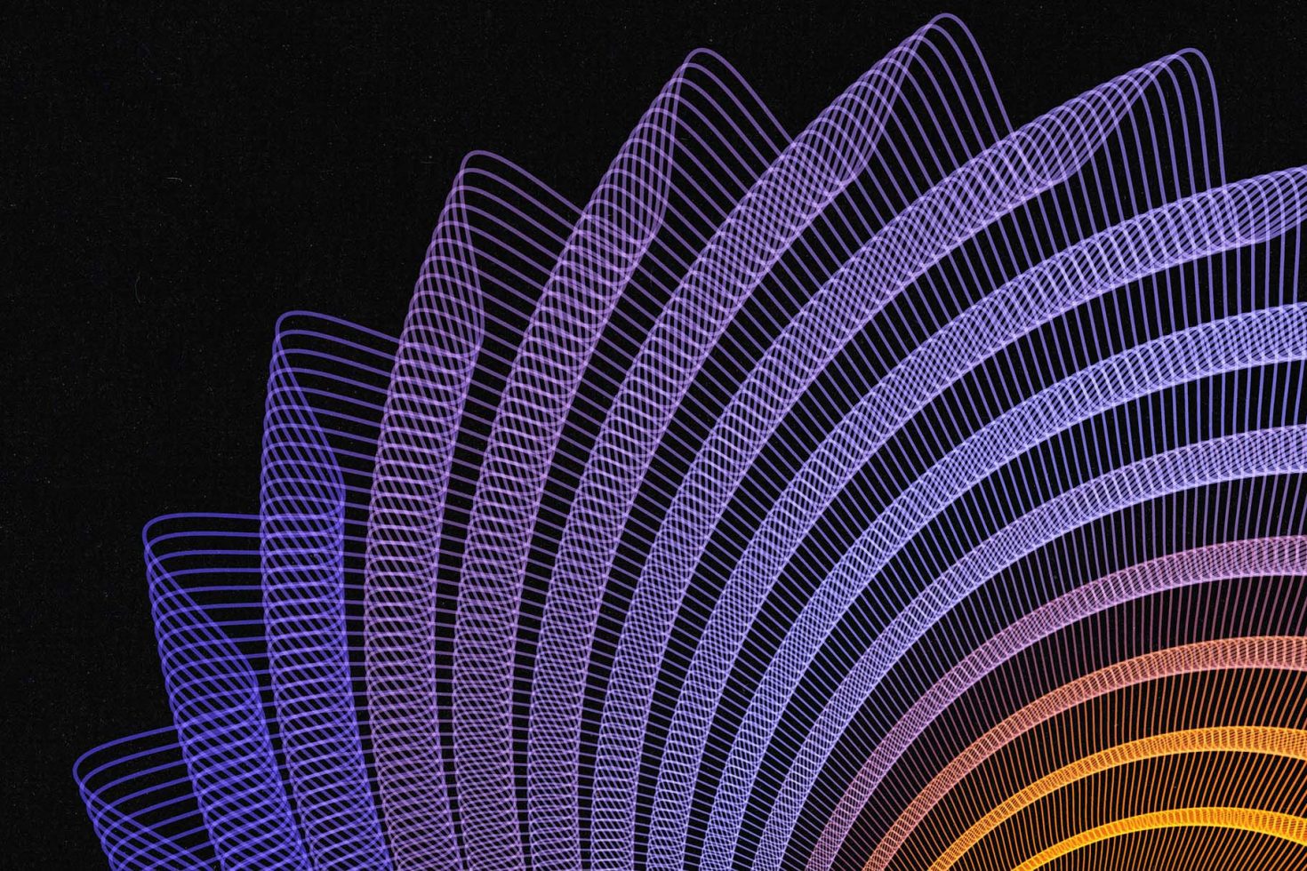 Abstract digital wireframe background with purple and orange gradient lines on black, ideal for graphics, templates, or web design.