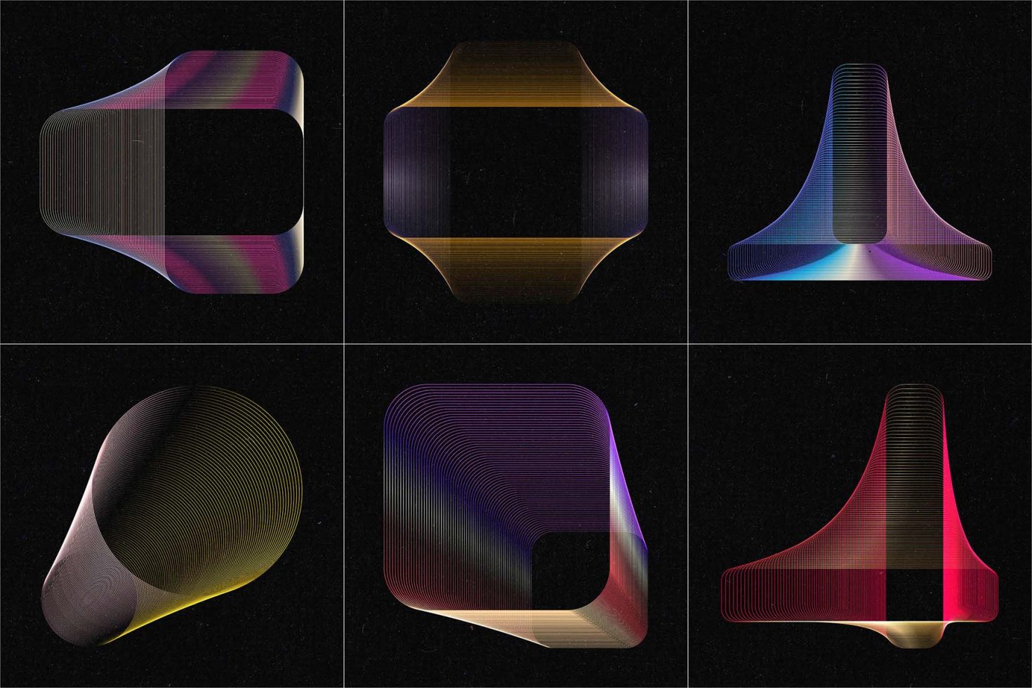 Set of six abstract gradient shapes with dynamic lines on a dark background, ideal for modern graphics, templates, and digital design elements.