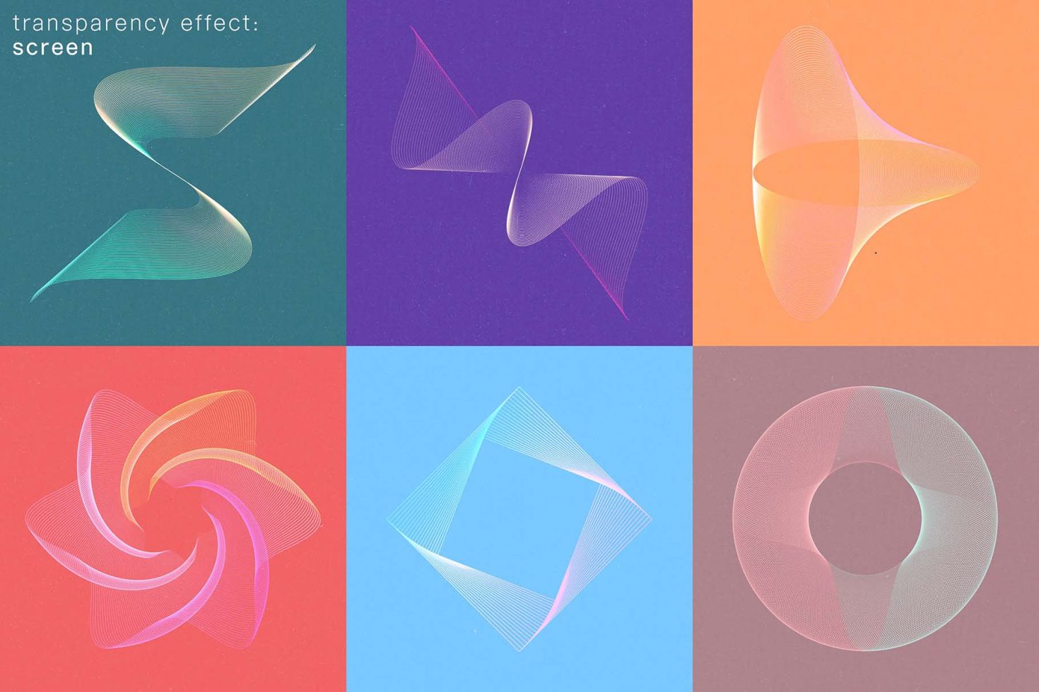 Abstract gradient mesh designs with a transparency screen effect in various shapes and colors for modern graphics, templates, and background mockups.