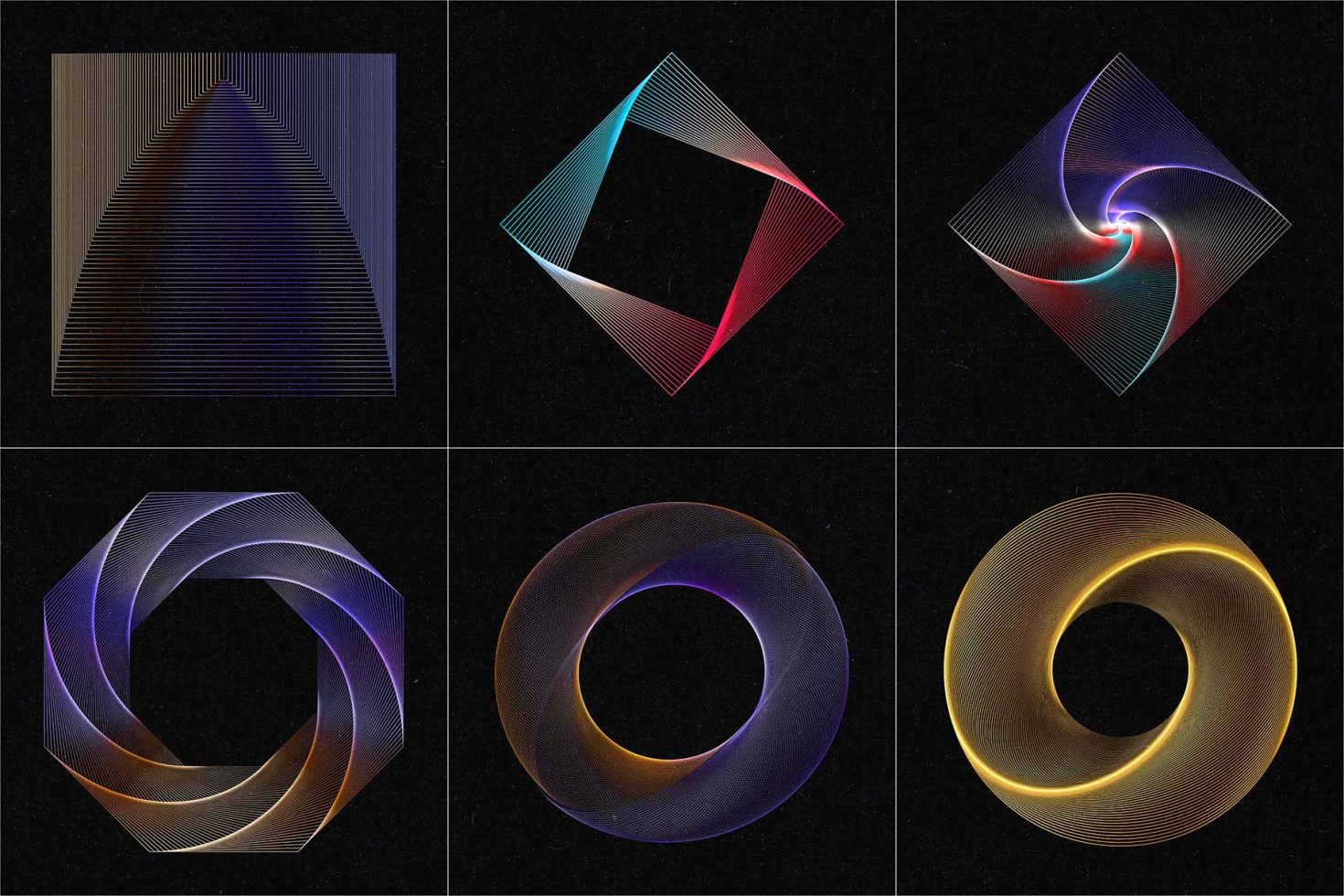 Set of six geometric line art designs with neon gradient colors on a dark background, ideal for graphics category in digital asset marketplace.