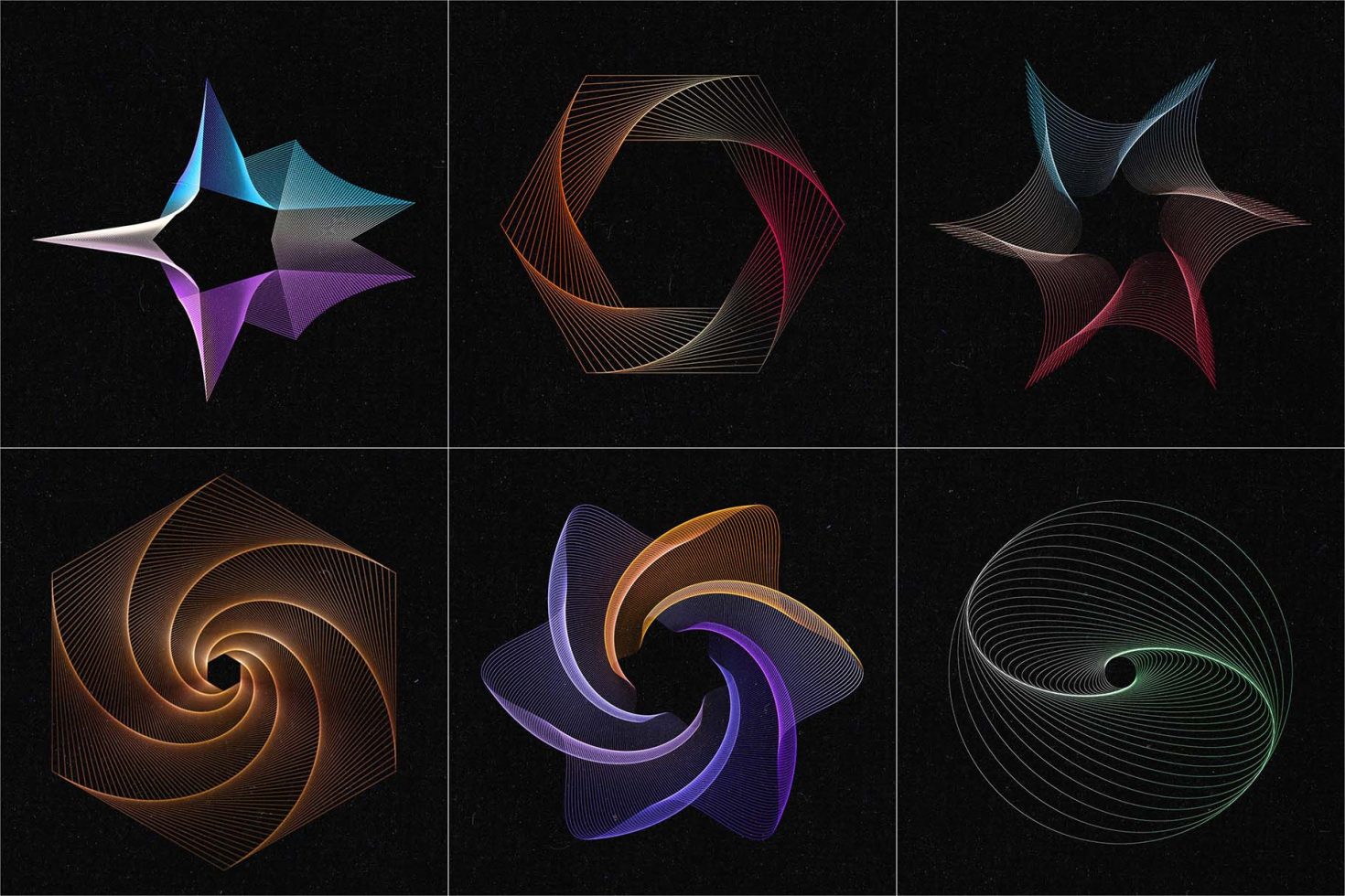 Collection of six geometric line art designs with gradient colors on a dark background, ideal for graphics category in digital design assets.