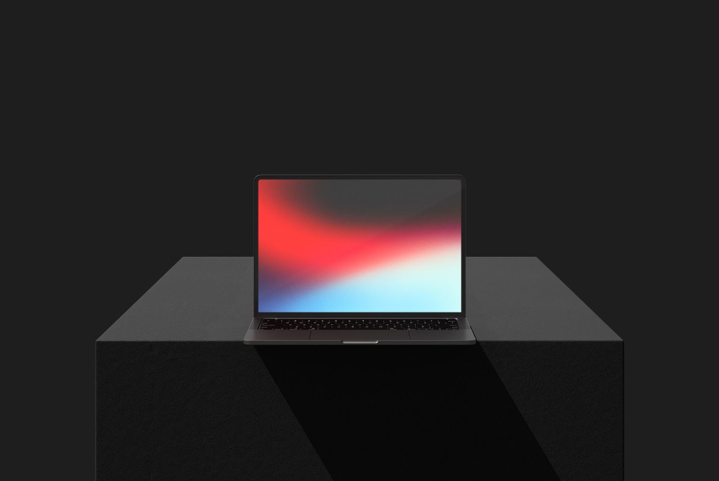 Laptop on a podium with a colorful screen display, ideal for mockup presentations, technology templates, and digital assets.