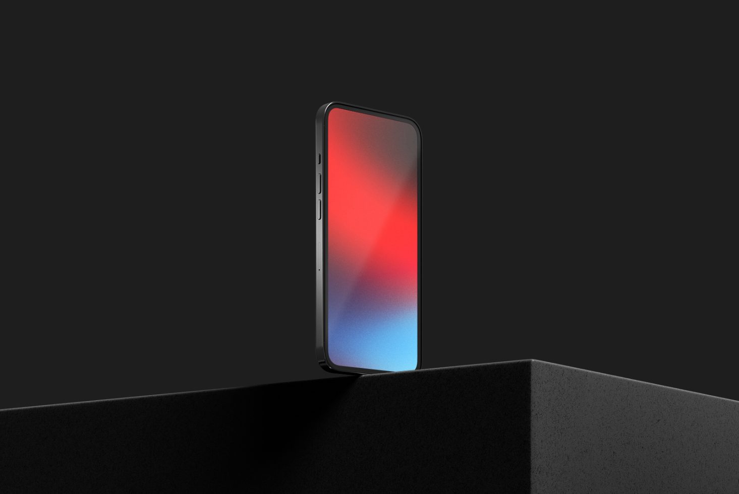 Side view of modern smartphone mockup with red and blue gradient screen on dark background for digital design showcase.