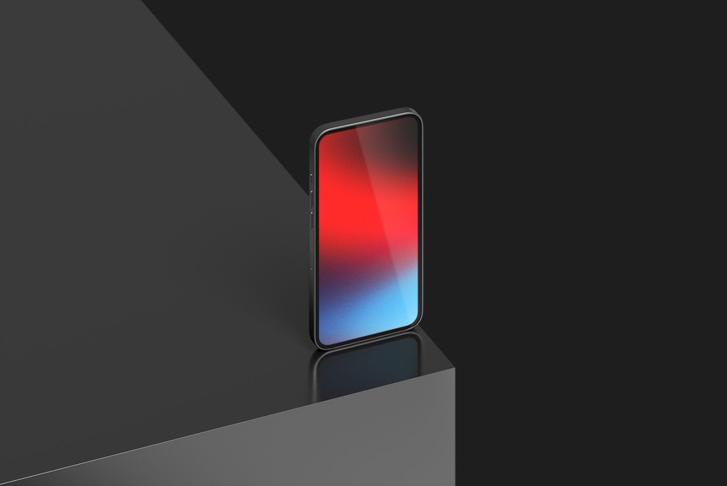 Smartphone mockup with vibrant screen on dark reflective surface for design presentation, digital asset, modern device showcase.