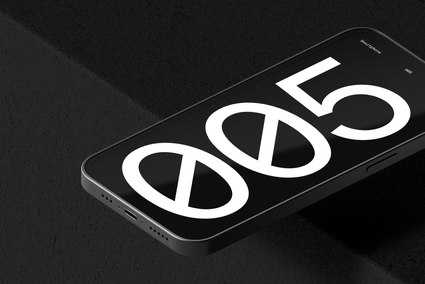 Black smartphone with stylized numbers on screen mockup, digital design, high contrast on textured background, creative display, PSD template.