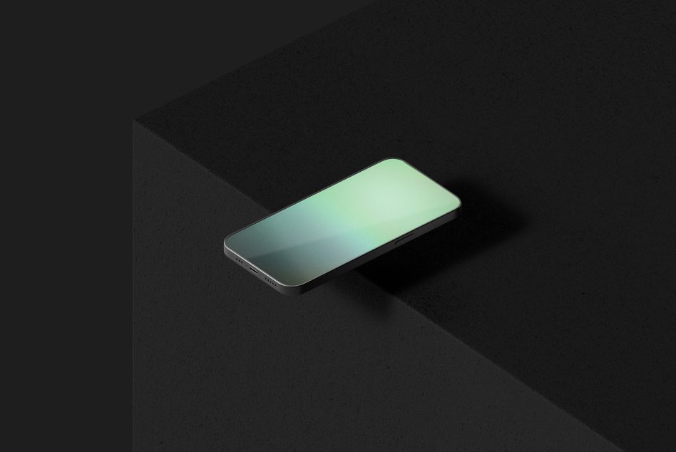 Smartphone mockup on a dark surface with dramatic lighting, ideal for showcasing app designs and user interfaces for digital assets.