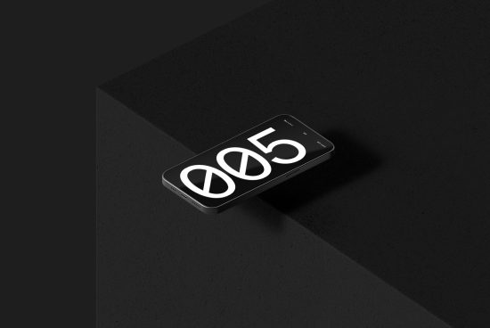 Modern smartphone mockup with bold numbers on screen, ideal for app design presentation, isolated on a dark textured background.