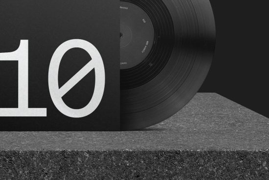 Vinyl record on textured backdrop with stylized number 10, ideal for music-themed graphics, templates, and mockups for designers.