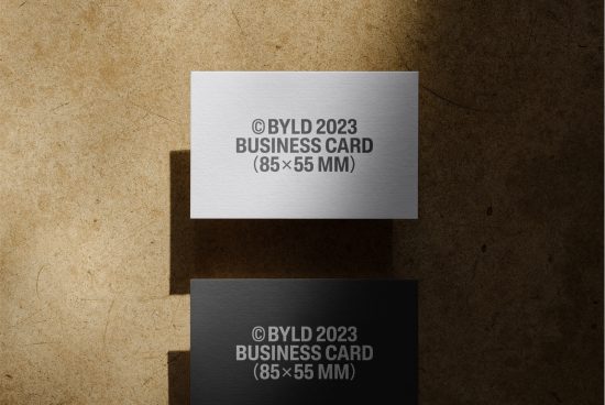 White and black business card mockup design with shadow on textured background, realistic presentation for branding identity, designers portfolio asset.