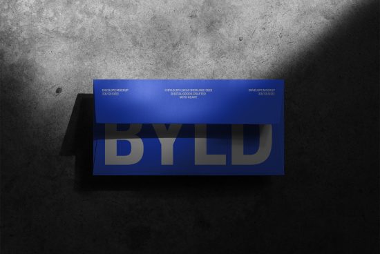 Blue envelope mockup on textured background for branding, realistic stationery mockup, design presentation template, digital asset for designers.