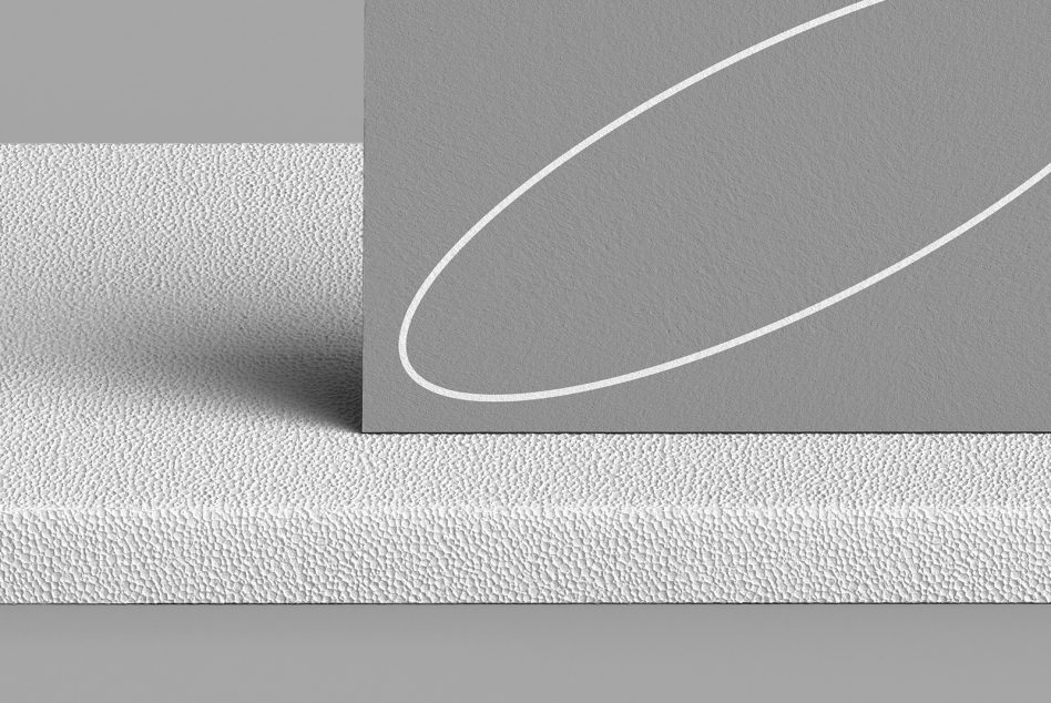 White textured card leaning against grey surface with neon line