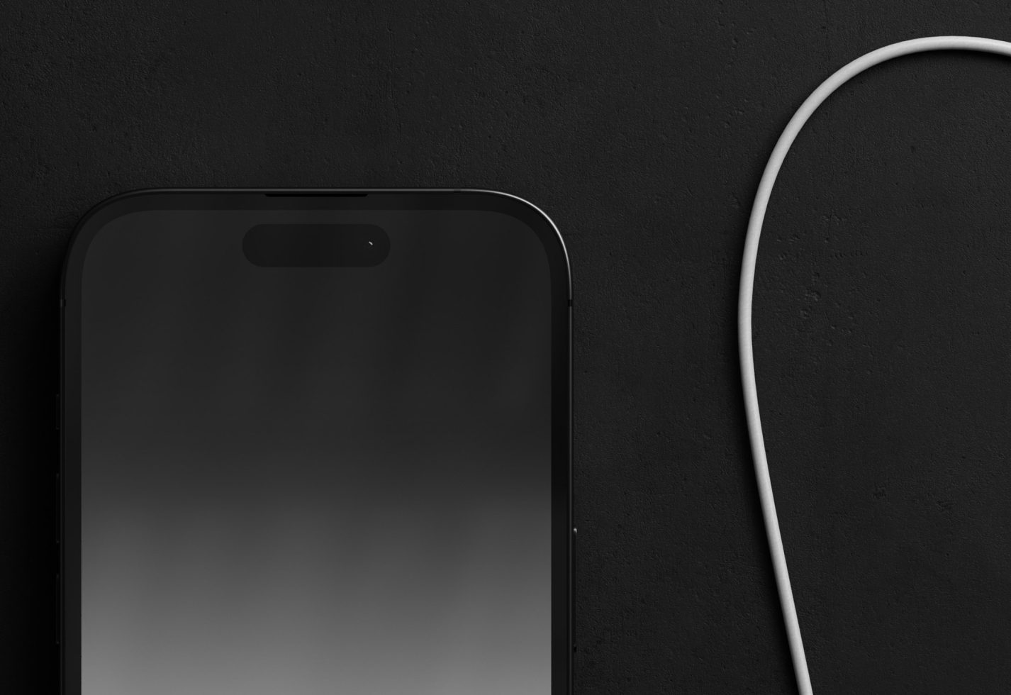 Smartphone mockup on dark background with charging cable, ideal for app design presentations, digital asset for designers.