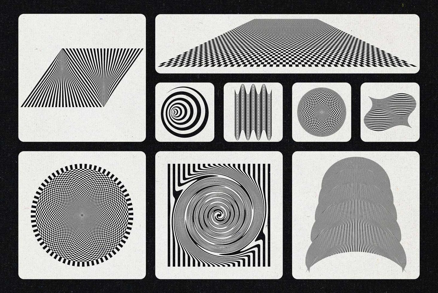 Set of vector op art designs with geometric and moire patterns in black and white, ideal for graphics category in digital assets marketplace.