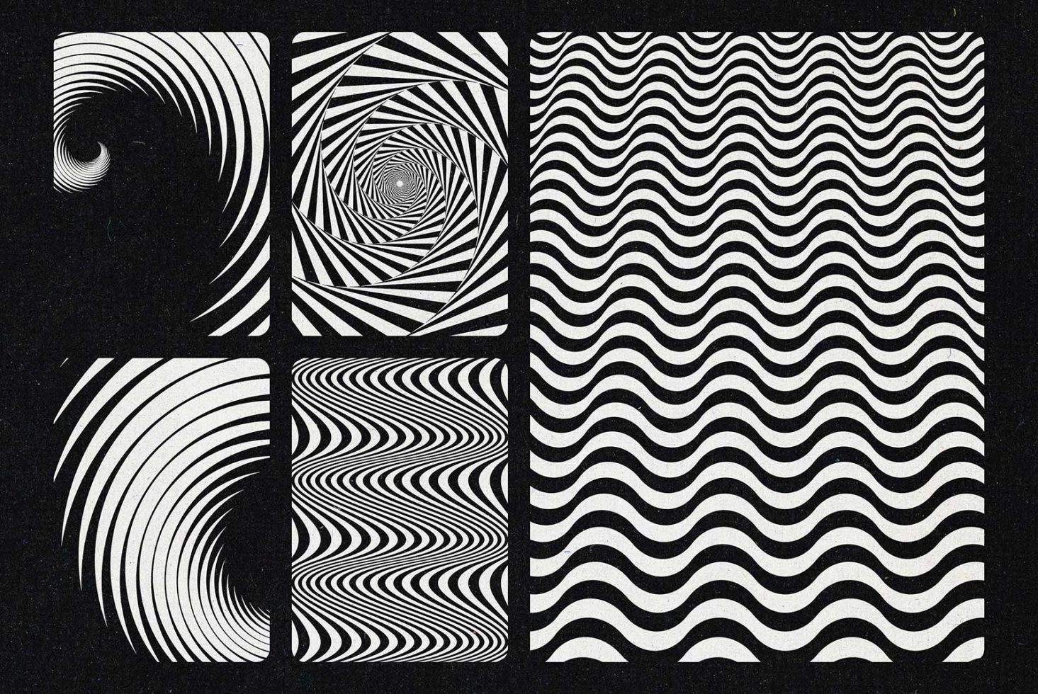 Black and white optical illusion patterns with wave and spiral designs suitable for Graphics category in a designers' digital marketplace.