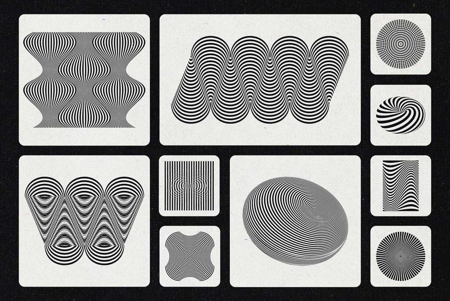 Set of eight unique abstract geometric patterns, vintage monochrome design elements, ideal for graphics and creative templates.