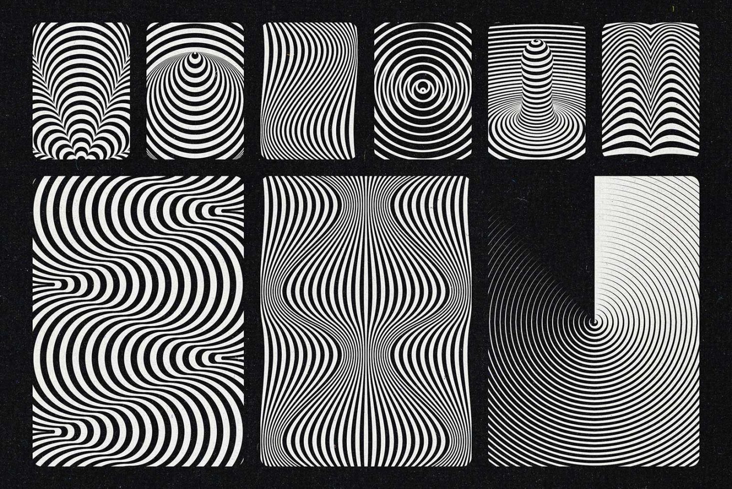 Collection of black and white optical illusion patterns perfect for graphics category, suitable for background, wallpaper or texture design.