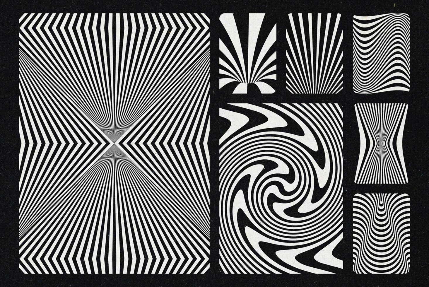 Black and white optical illusion graphic patterns for creative design projects, digital art, abstract background, vector graphics template.