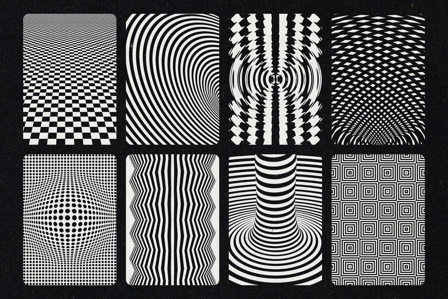 Set of eight black and white optical illusion patterns, ideal for graphics, backgrounds, and abstract design projects.