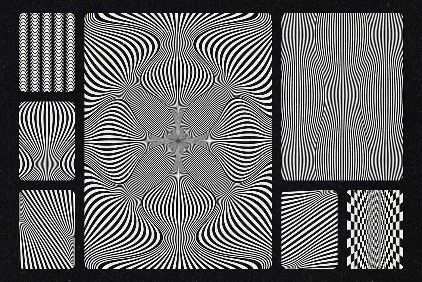 Set of black and white optical illusion patterns for graphic design. Ideal for backgrounds, wallpapers, and abstract art projects.