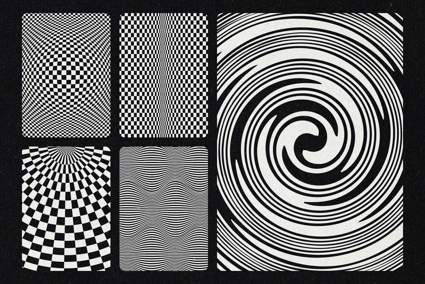 Six black and white op-art texture designs for creative backgrounds, detailing intricate patterns that exude a mesmerizing, psychedelic effect.