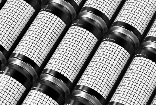 Black and white photo of multiple camera lenses aligned with a grid pattern on barrel surfaces, ideal for mockup references in design.