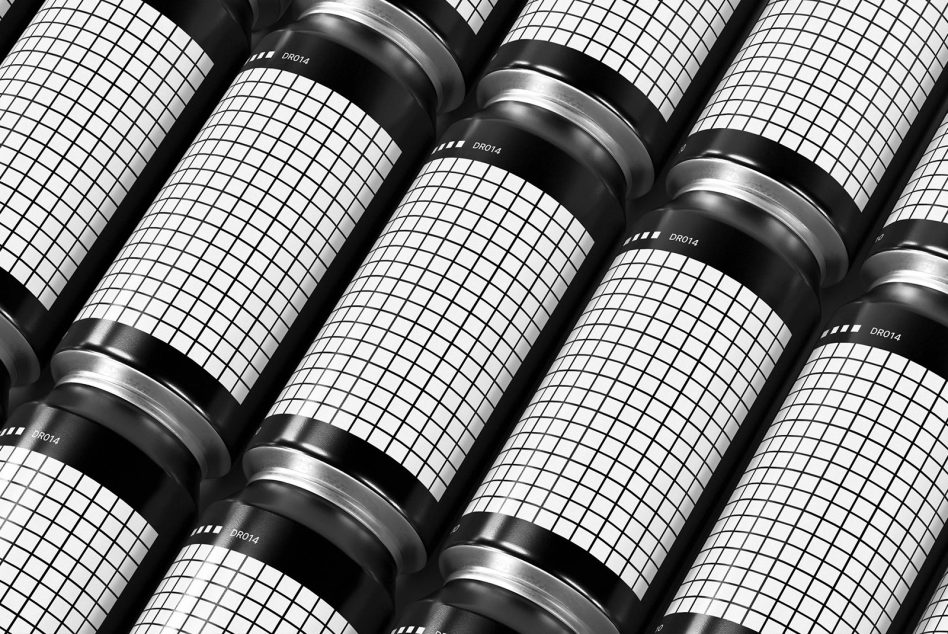 Black and white photo of multiple camera lenses aligned with a grid pattern on barrel surfaces, ideal for mockup references in design.