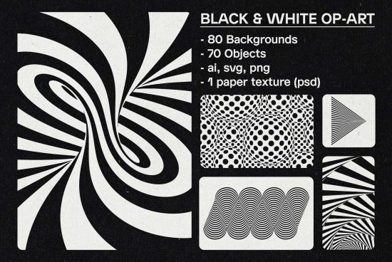 Illustration of black and white op-art design pack with geometric shapes, textures, and editable files for backgrounds or objects in ai, svg, png formats.