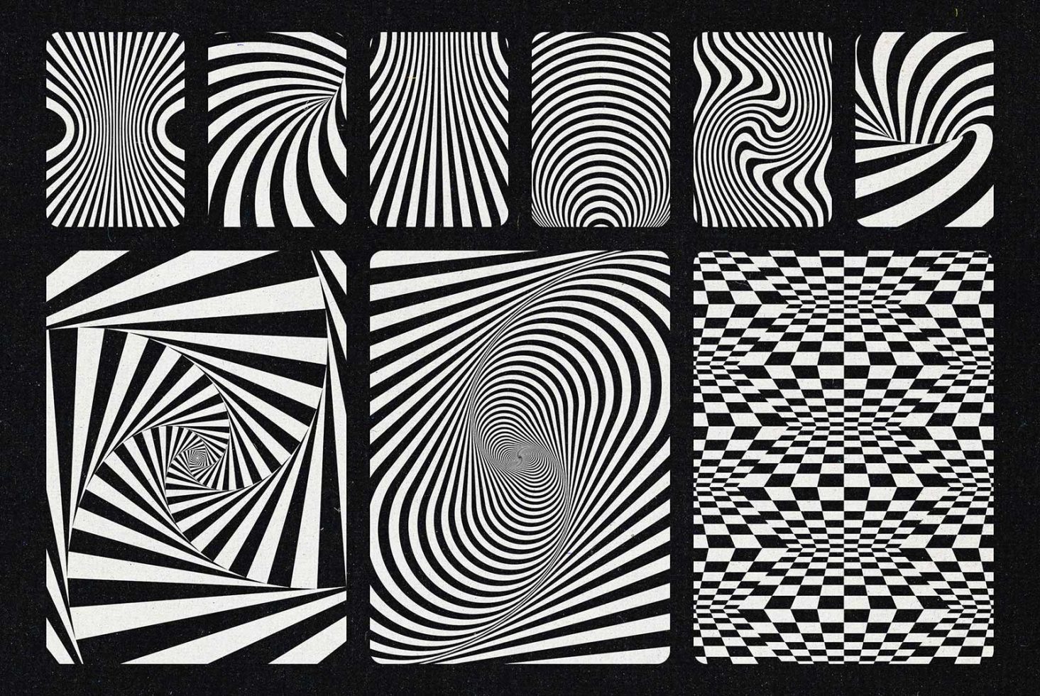 Collection of black and white optical illusion patterns for graphics category, ideal for creative design projects, textures, backgrounds.