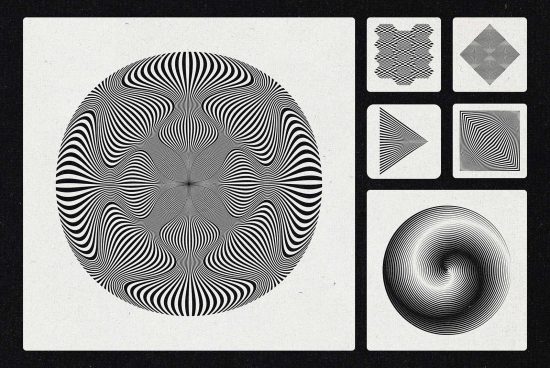 Vintage optical illusion graphics set with hypnotic patterns, ideal for posters, wallpapers, and geometric design elements in monochrome.