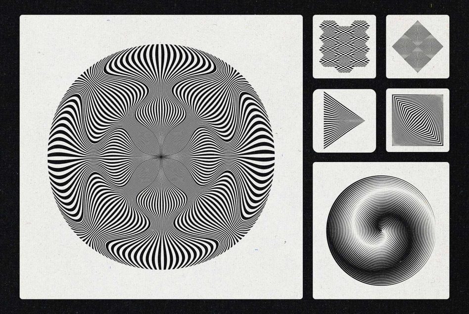 Vintage optical illusion graphics set with hypnotic patterns, ideal for posters, wallpapers, and geometric design elements in monochrome.