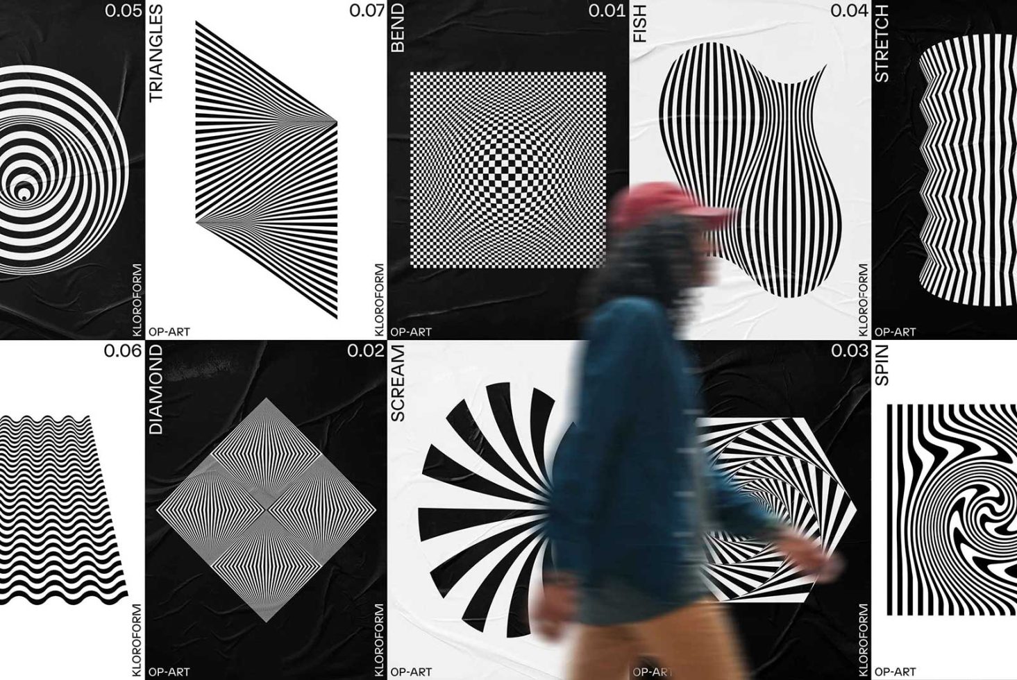 Optical illusion graphics collection for creative design projects, featuring geometric patterns and abstract shapes perfect for mockups and templates.