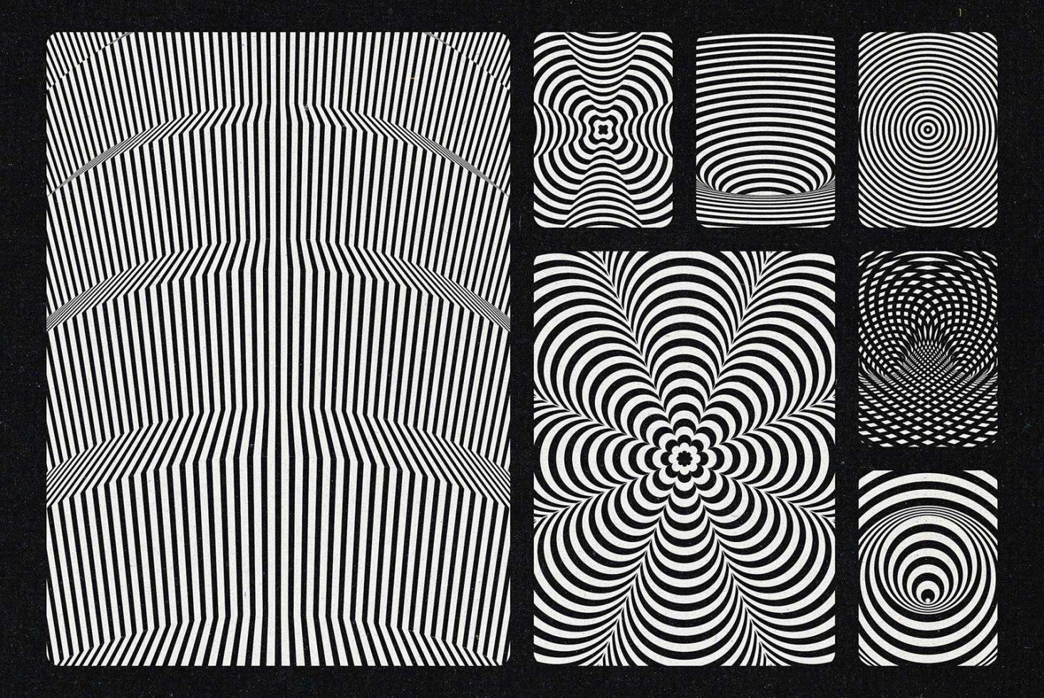 Set of black and white op art designs featuring geometric distortions and optical illusions, perfect for graphics category in a digital design marketplace.