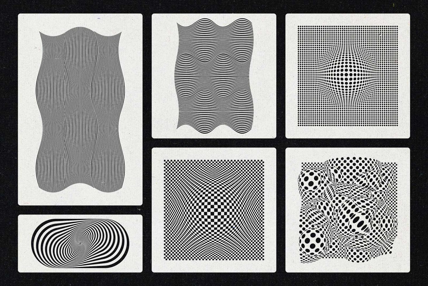 Six black and white abstract op-art design cards with dynamic lines and dots on a textured background for graphic designers.