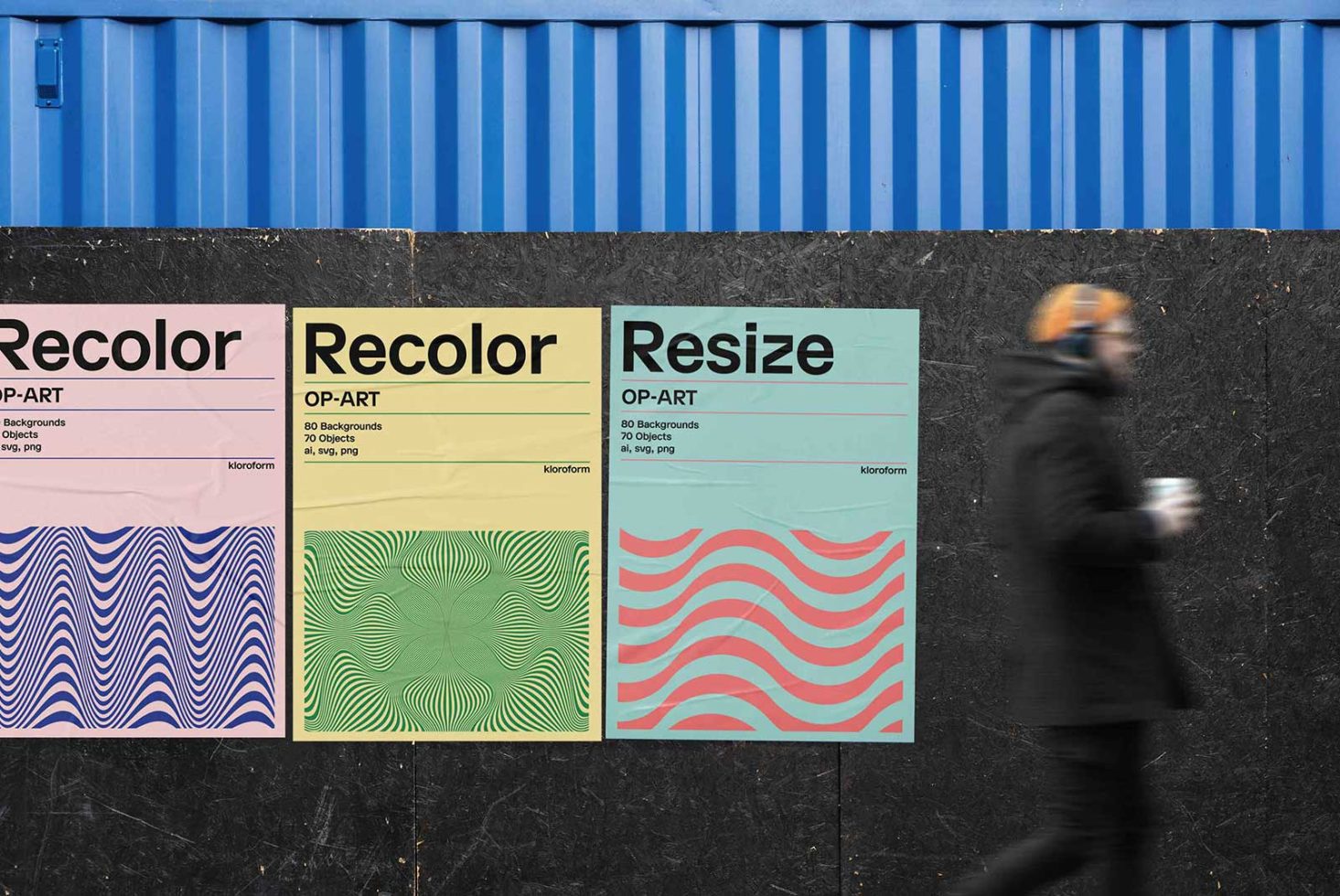 Man walking past colorful op-art design posters mockup on urban background, showcasing graphic design, print template, and creative visual elements.