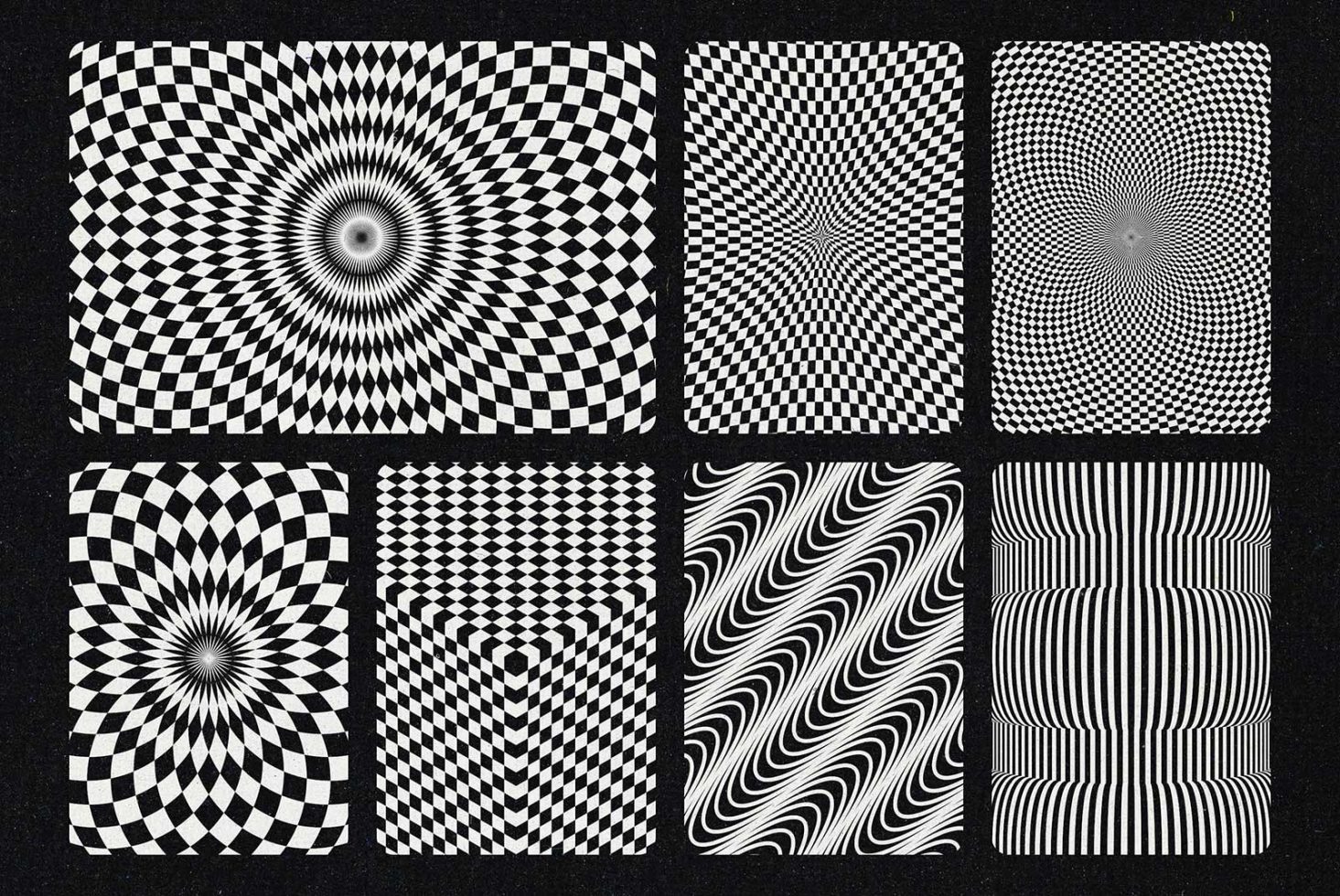 Optical illusion patterns set in black and white, ideal for graphics, backgrounds, and abstract designs, perfect for creative projects.