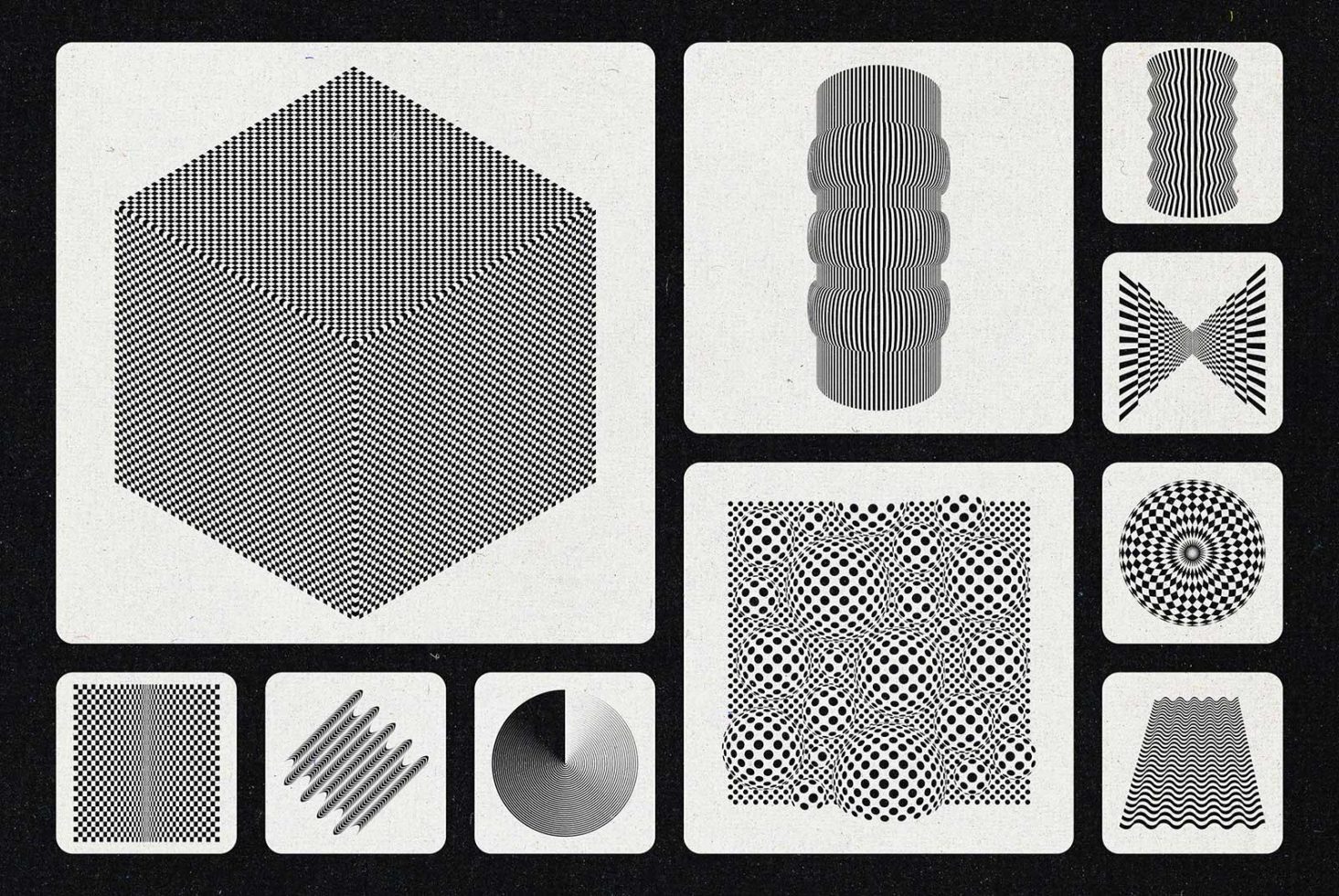 Geometric patterns collection for design assets. Monochrome textured shapes, dots, lines, moire effects on dark backgrounds, retro style.