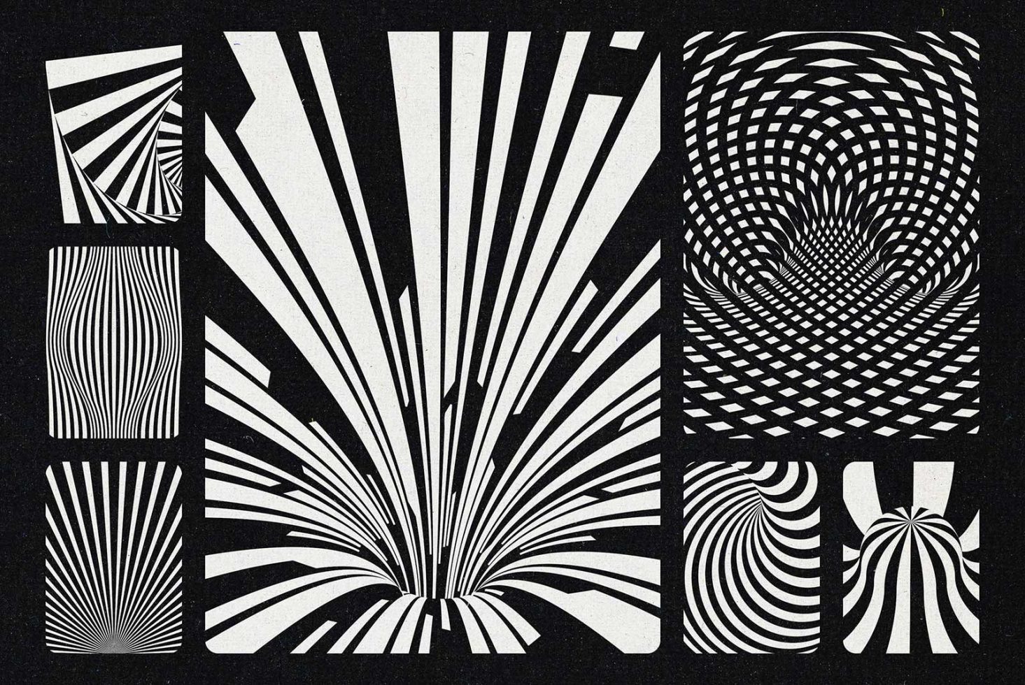 Black and white abstract optical illusion graphic design with dynamic lines and shapes, suitable for modern template backgrounds.